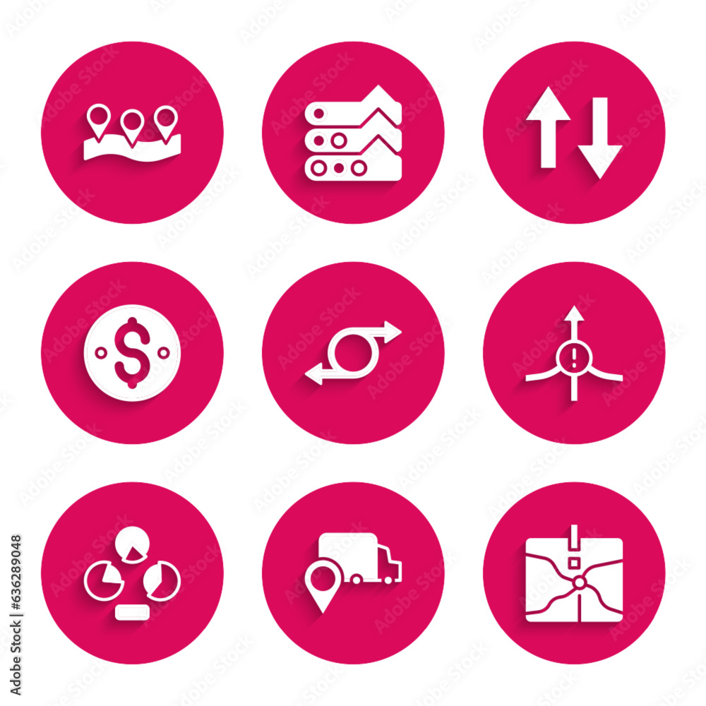 Set Arrow, Delivery tracking, Intersection point, Pie chart infographic, Dollar symbol, and Location icon. Vector Set Arrow, Delivery tracking, Intersection point, Pie chart infographic, Dollar symbol, and Location icon. Vector