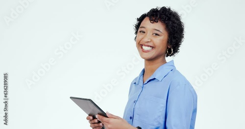 Wallpaper Mural Tablet, research and face of a woman in studio on the internet for data or information website. Happy, smile and portrait of female person from Mexico with digital technology by white background. Torontodigital.ca