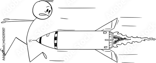 Person Running Away From Missile or Rocket, Vector Cartoon Stick Figure Illustration
