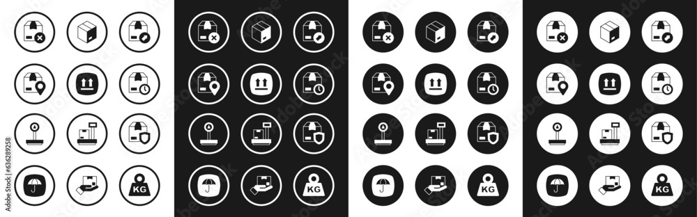 Set Carton cardboard box, This side up, Location with, Cardboard clock, Delivery security shield and Scale icon. Vector