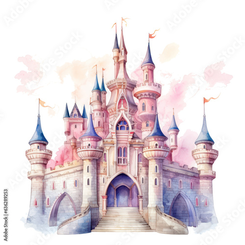Watercolor princess castle isolated