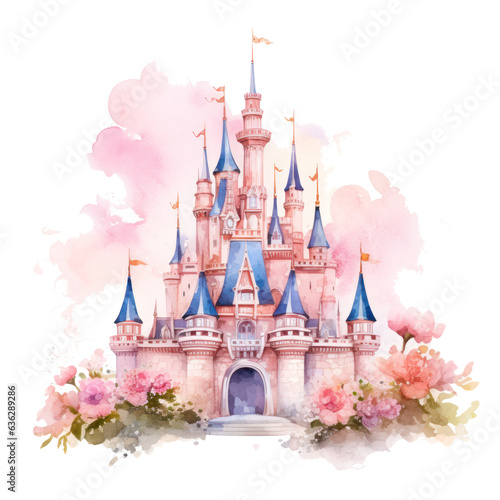 Watercolor princess castle isolated