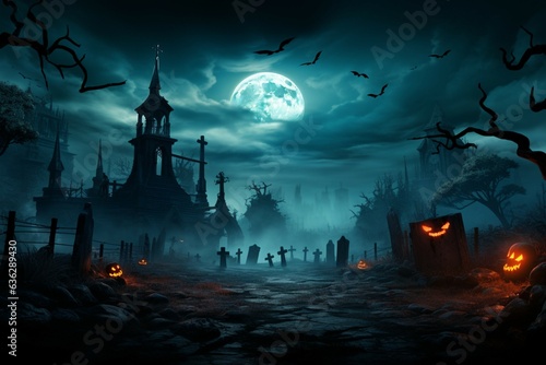 Spooky nightfall cemetery at night graces Halloween wallpaper, evoking eerie nocturnal enchantment Generative AI