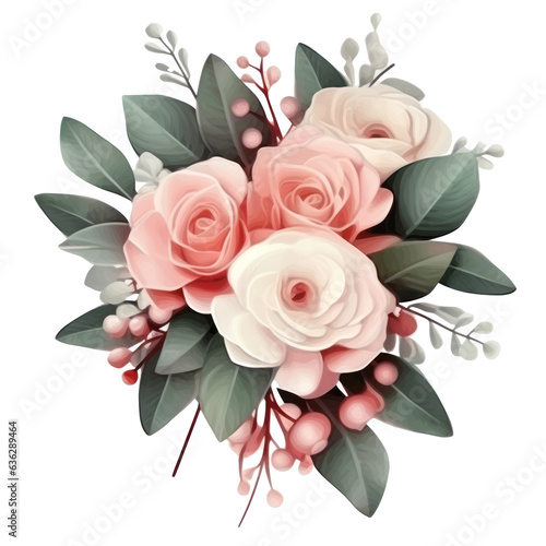 Blossoming flower bouquet of roses and euca isolated.