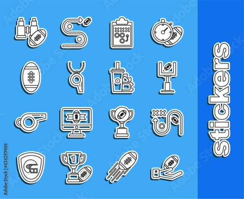 Set line American Football ball on hand, Planning strategy concept, football goal post football, Whistle, Binoculars american and ticket paper glass soda with drinking straw icon. Vector