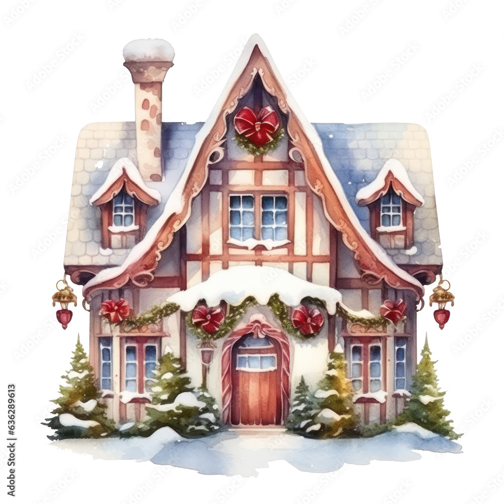 Watercolor cute Christmas house isolated