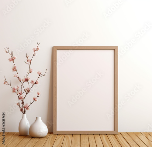 Wooden frame mockup in white minimalistic room with copy space for artwork, photo or print presentation