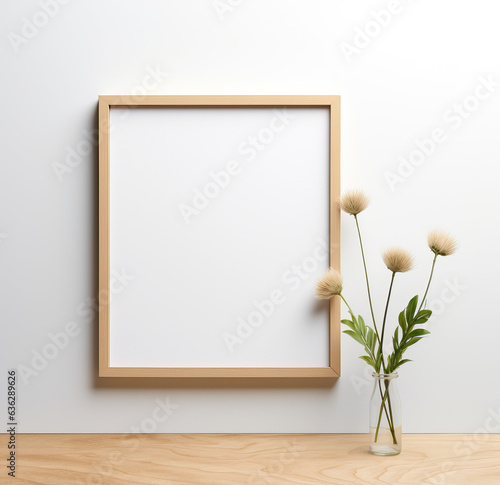 Wooden frame mockup in white minimalistic room with copy space for artwork, photo or print presentation