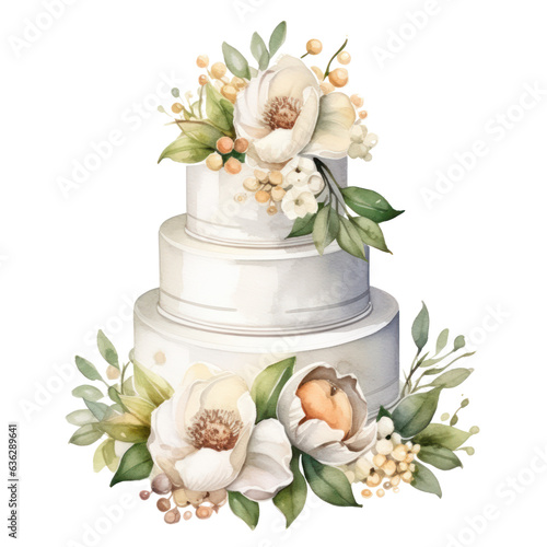 Watercolor wedding cake with flowers isolated.