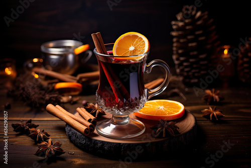Tasty mulled red wine with orange and cinnamon (generative ai)