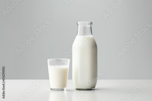A bottle of milk and glass of milk on table on a gray background