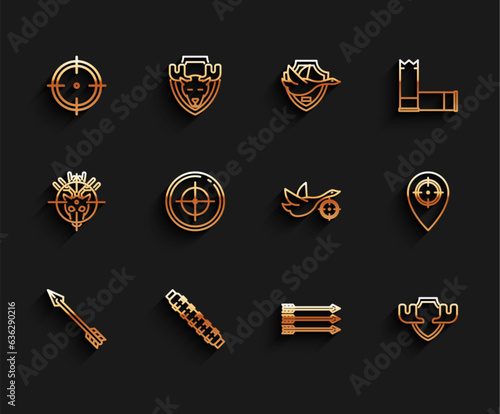 Set line Hipster arrow, Hunting cartridge belt with cartridges, Target sport for shooting competition, arrows, Moose horns shield, place and duck crosshairs icon. Vector