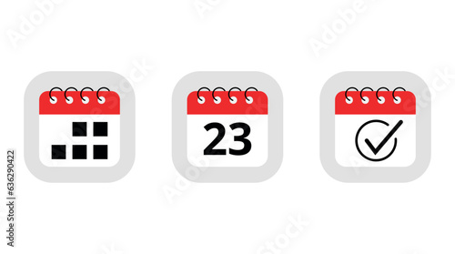 Three simple red calendar icons for websites, blogs and graphic resources. Calendar flat icon with specific day marking day 23.