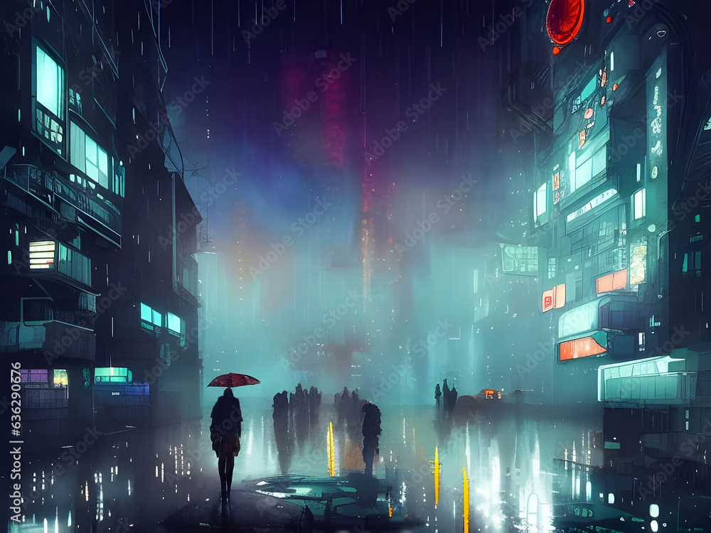 Φωτογραφία people in a rainy street in a futuristic asian city at night with illuminated sh