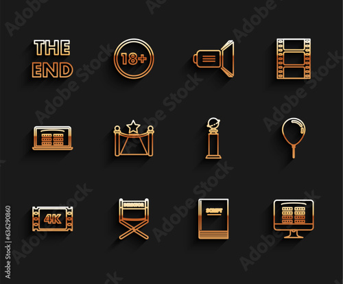Set line 4k movie, tape, frame, Director chair, The End handwritten inscription, Scenario, Buy cinema ticket online, Carpet with barriers star, Balloon ribbon and Trophy Golden Globe icon. Vector