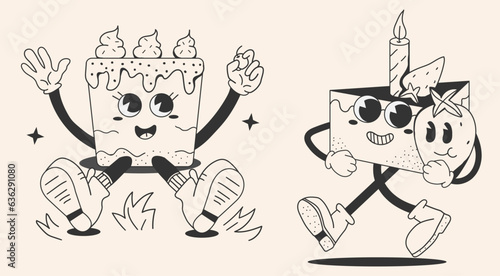 Groovy retro cake sitting on grass in cartoon character style. Cute black cake holding strawberries.