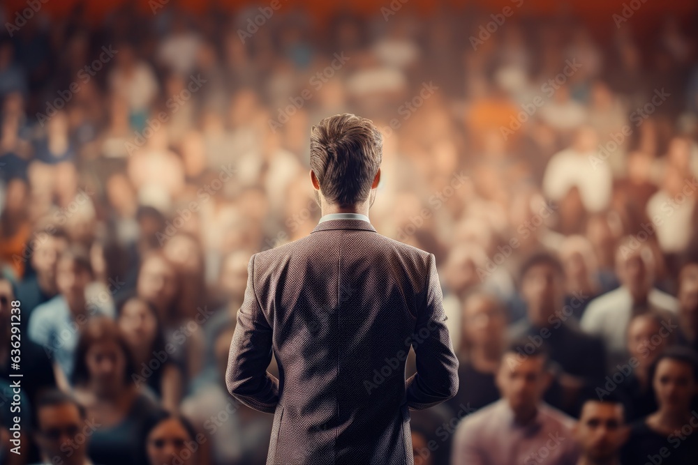 Fototapeta premium Back view of a businessman standing in front of a crowd of people