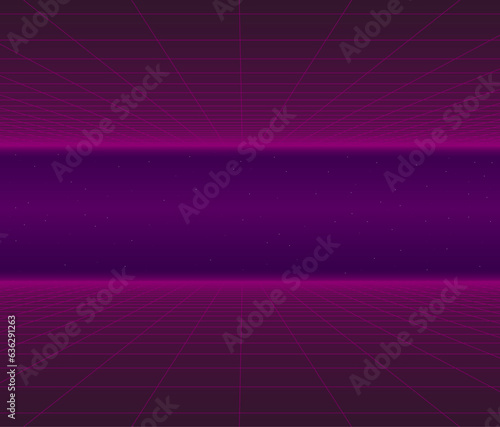  80s Retro Sci-Fi Background Futuristic Grid landscape. Digital cyber surface style of the 1980 s. Double infinite grid and lights forward. Synthwave wireframe net illustration. 80s  90s cyber grid 