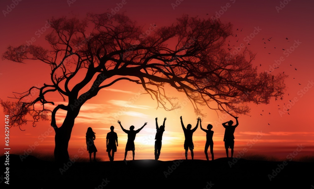 Silhouette of a group of people dancing under a tree at sunset