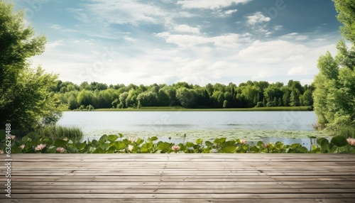 Wooden deck with lake and trees in the background. Panorama photo