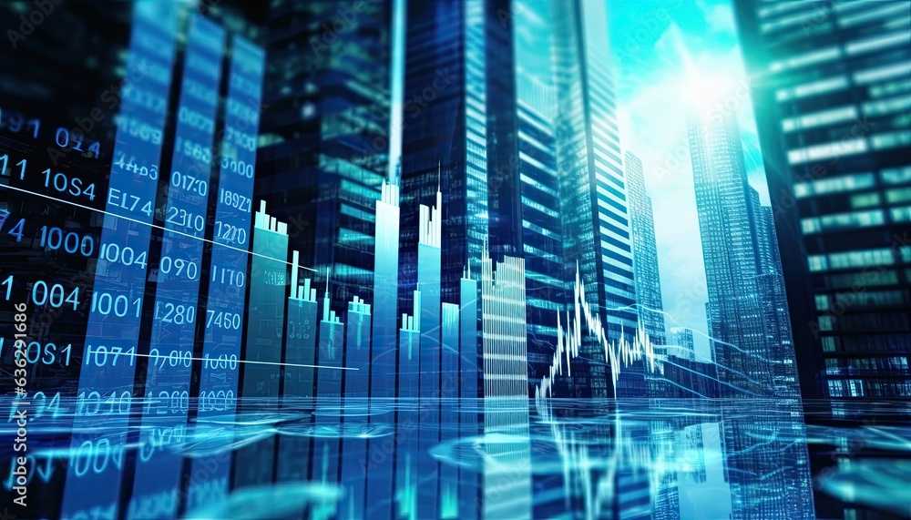 Financial stock market graph and chart on city background. Financial stock market graph and chart on city background.
