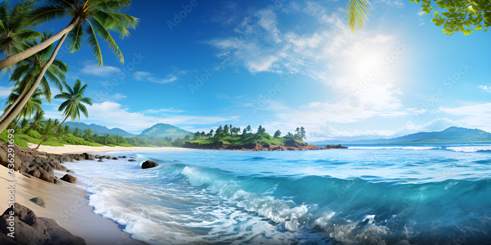 A beach with palm trees and a blue sky, Beach scene waves surf with ...