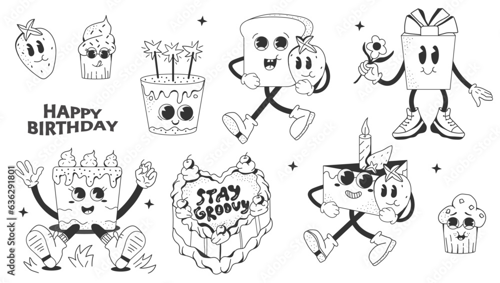 Set of retro black sweets for birthday line style. Character cartoon cake, gift, toast. Contemporary mascots for cafe, restaurant, bar.