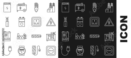 Set line Electrical outlet, Diesel power generator, High voltage sign, LED light bulb, Car battery, cable, Power bank and icon. Vector