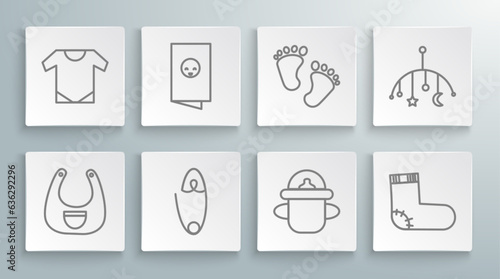 Set line Baby bib, shower invitations card, poster, Classic steel safety pin, bottle, socks clothes, footprints, crib hanging toys and onesie icon. Vector