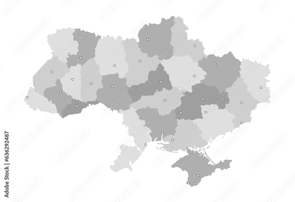 Ukraine Vector Map with subdivisions and major cities mapped (optionally). Ukrainian Map. Gray / grey colors	
