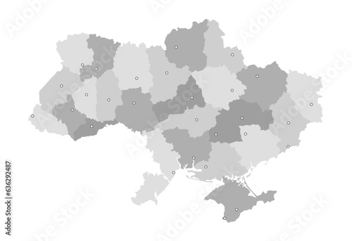 Ukraine Vector Map with subdivisions and major cities mapped (optionally). Ukrainian Map. Gray / grey colors 