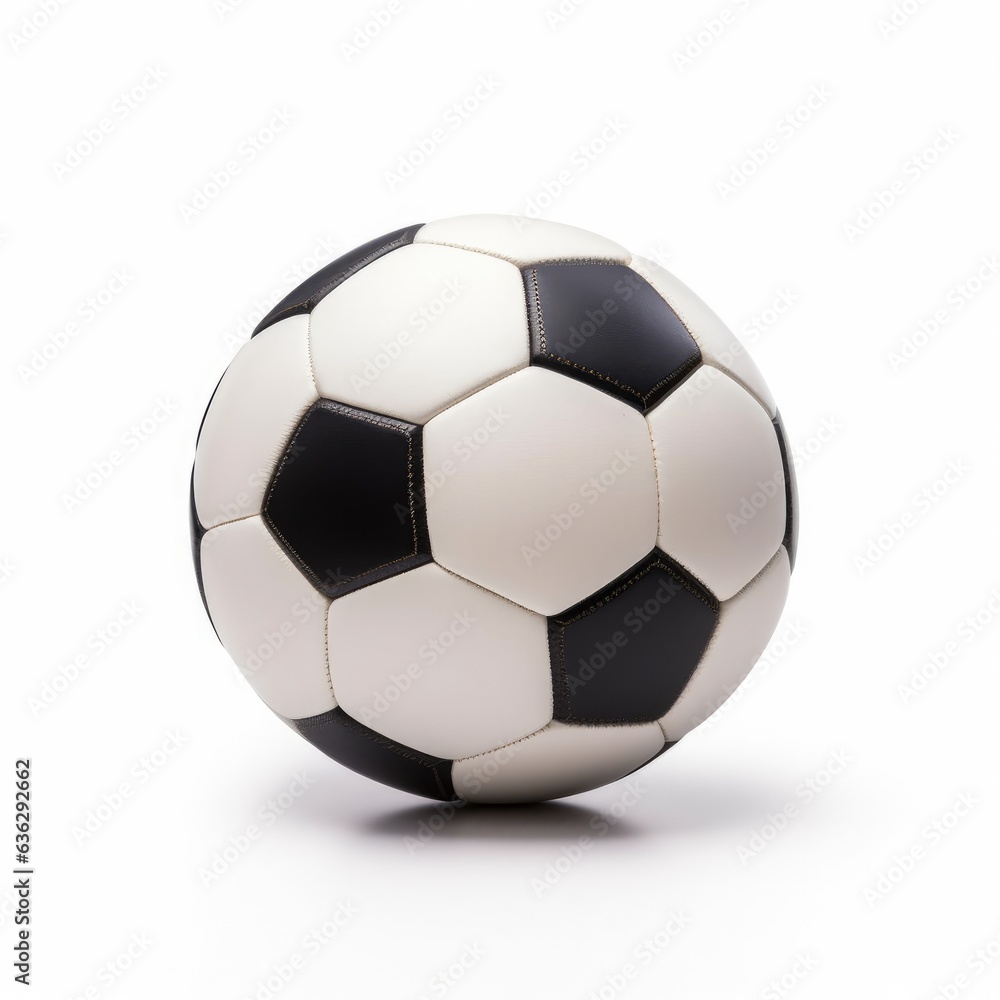 Fototapeta premium Soccer ball on white over white background. Football old-style soccer ball.
