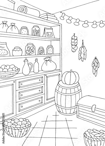 Pantry interior storage black white graphic vertical sketch illustration vector 