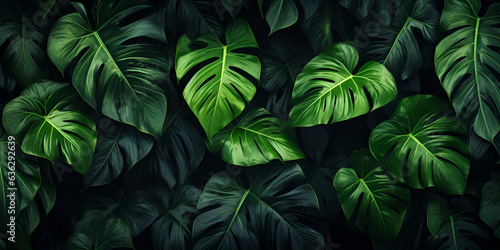  closeup nature view of tropical green monstera leaf background. Flat lay, fresh wallpaper banner concept. Panorama background of dark green tropical leaves AI Generative 