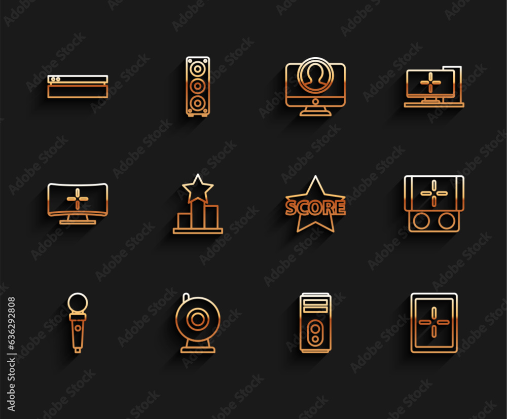Set line Joystick for arcade machine, Web camera, Video game console, Computer, Tablet, Star, Portable video and icon. Vector Set line Joystick for arcade machine, Web camera, Video game console, Computer, Tablet, Star, Portable video and icon. Vector