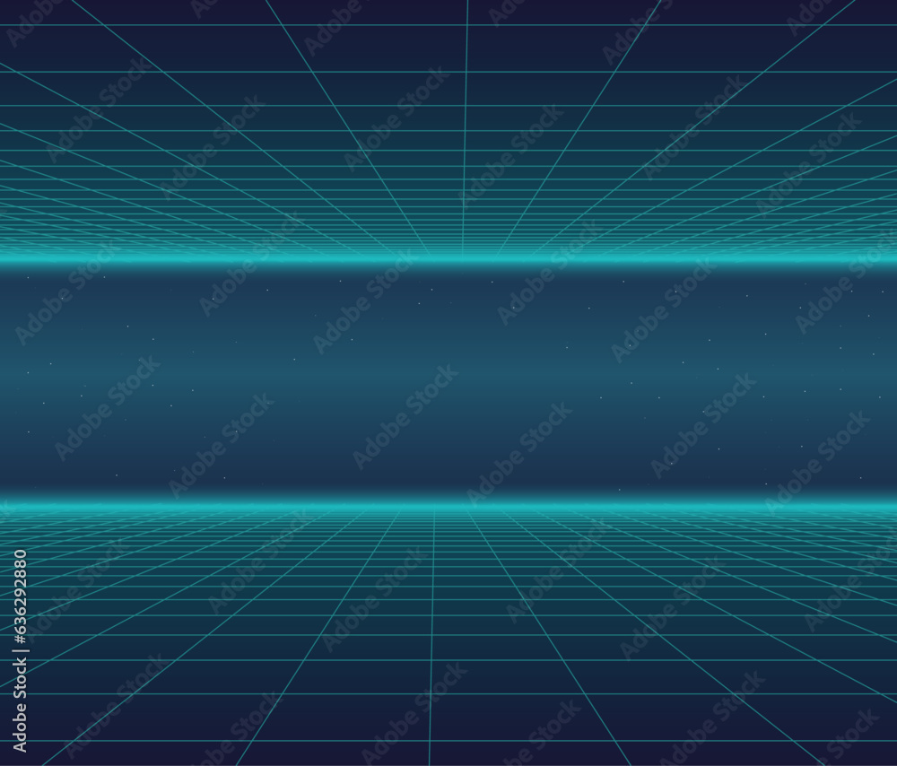 80s Retro Sci-Fi Background Futuristic Grid landscape. Digital cyber surface style of the 1980`s. Double infinite grid and lights forward. Synthwave wireframe net illustration. 80s, 90s cyber grid 80s Retro Sci-Fi Background Futuristic Grid landscape. Digital cyber surface style of the 1980`s. Double infinite grid and lights forward. Synthwave wireframe net illustration. 80s, 90s cyber grid