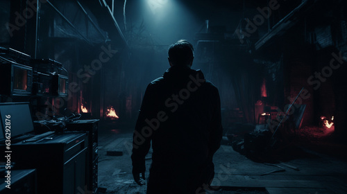 A person is standing in a gloomy and scary room with low lighting. A dark illustration in the spirit of dark thrillers