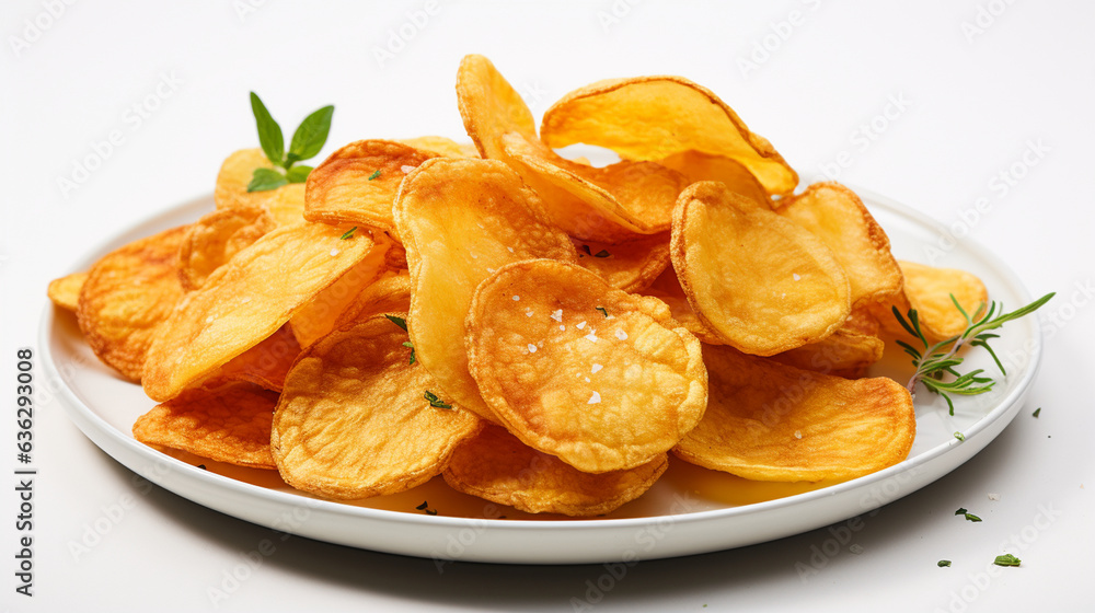 Food photography - Crispy potato chips, perfectly golden and seasoned, meticulously showcased against a clean and uncluttered white background. Food photography - Crispy potato chips, perfectly golden and seasoned, meticulously showcased against a clean and uncluttered white background.