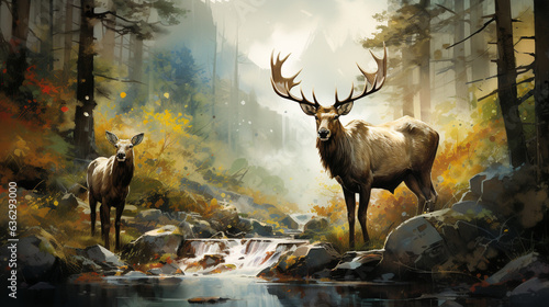 This visual tableau captures the essence of the forest's inhabitants, from the proud and imposing moose to the delicate and endearing fawns. The scene transports viewers into the h 