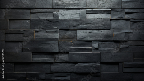 Textured background with a geometric pattern of corrugated rectangular shapes in a dark black anthracite stone concrete style. 
