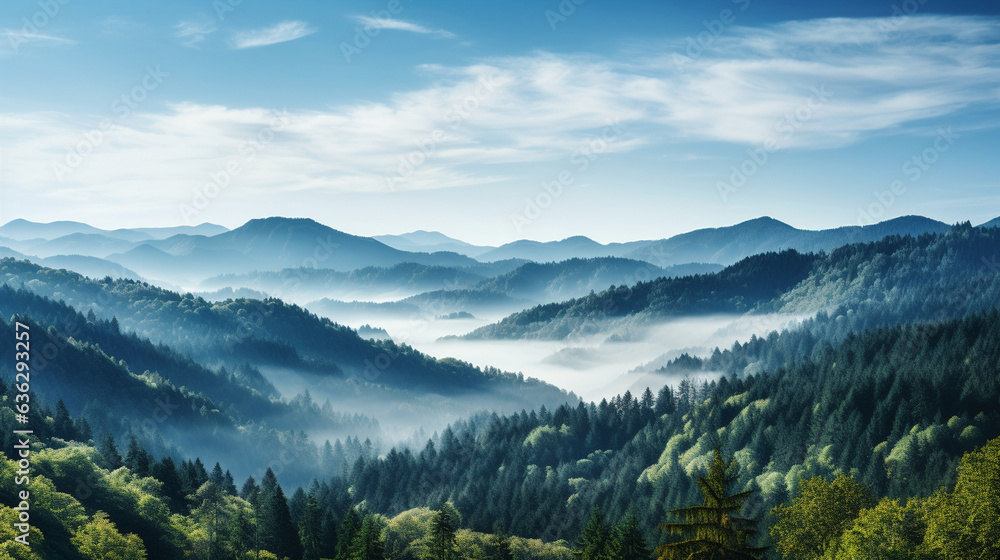 Panoramic banner depicting a wide and long view of forested hills, mountains, and trees in the Black Forest region of Germany.