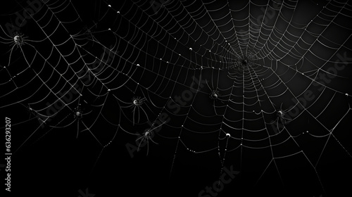 Authentic eerie spider webs in silhouette, isolated against a black backdrop in a panoramic banner format - Serving as a Halloween background template.  © Julia