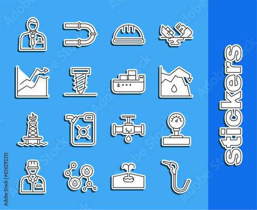 Set line Gasoline pump nozzle, Gauge scale, Drop crude oil price, Worker safety helmet, Rotating drill digging hole, Oil increase, Businessman stock market trader and tanker ship icon. Vector