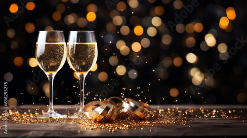 Opulent and celebratory background banner greeting card suitable for occasions like birthdays, New Year's Eve (Sylvester), or other holidays. The scene features a toast with sparkl photo