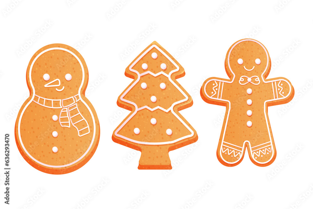 Set Gingerbread man, cute snowman and christmas tree with icing decoration, seasonal dessert, cookies in cartoon style isolated on white background. Set Gingerbread man, cute snowman and christmas tree with icing decoration, seasonal dessert, cookies in cartoon style isolated on white background.