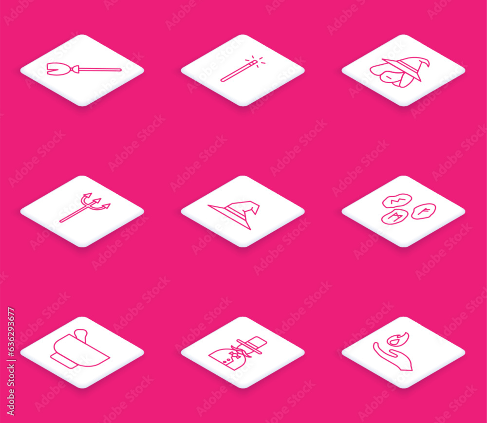 Set line Witches broom, Magic wand, Neptune Trident, hat, runes, mortar pestle and Magician icon. Vector Set line Witches broom, Magic wand, Neptune Trident, hat, runes, mortar pestle and Magician icon. Vector