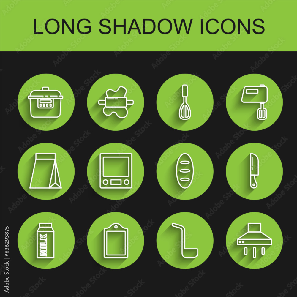 Set line Paper package for milk, Cutting board, Slow cooker, Kitchen ladle, extractor fan, Electronic scales, Knife and Bread loaf icon. Vector Set line Paper package for milk, Cutting board, Slow cooker, Kitchen ladle, extractor fan, Electronic scales, Knife and Bread loaf icon. Vector