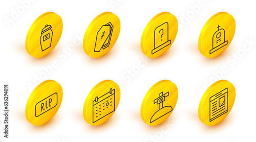 Set line Obituaries, Grave with cross, Calendar death, Speech bubble rip, tombstone, Coffin and Funeral urn icon. Vector