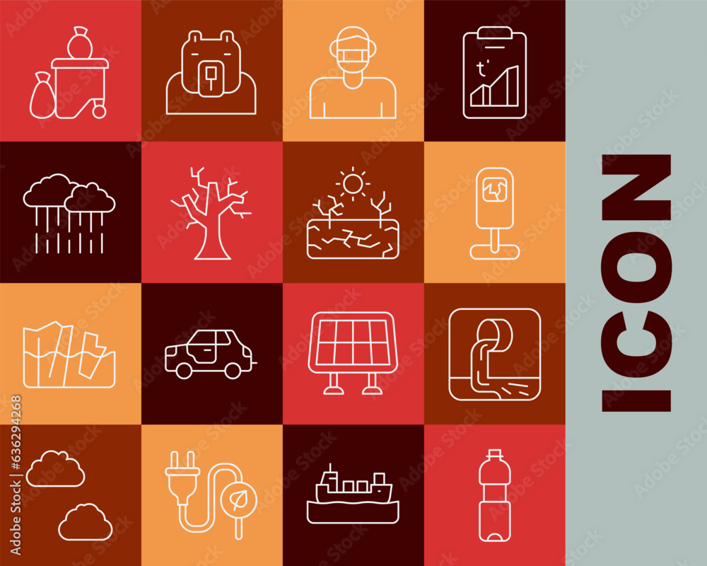 Set line Bottle of water, Wastewater, Trash can, Face in protective mask, Withered tree, Cloud with rain, Full dustbin and Drought icon. Vector Set line Bottle of water, Wastewater, Trash can, Face in protective mask, Withered tree, Cloud with rain, Full dustbin and Drought icon. Vector