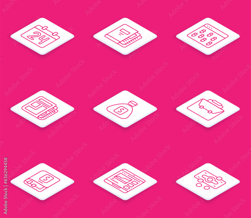 Set line Calendar, Office folders, Bitcoin in browser, Stock market news, Money bag, Briefcase, Financial book and Trading courses icon. Vector Set line Calendar, Office folders, Bitcoin in browser, Stock market news, Money bag, Briefcase, Financial book and Trading courses icon. Vector